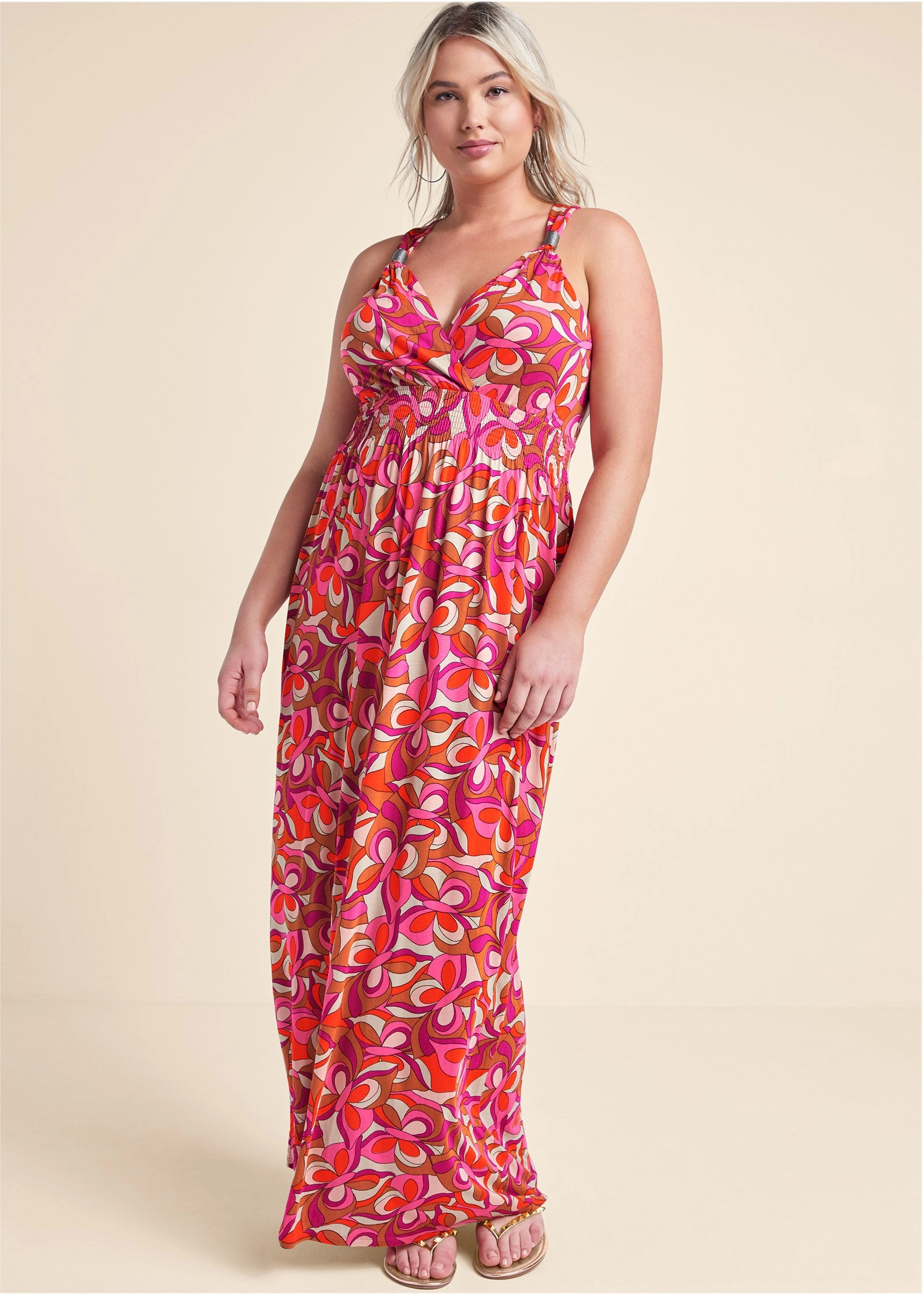 Geometric Print Maxi Dress - Pink Multi