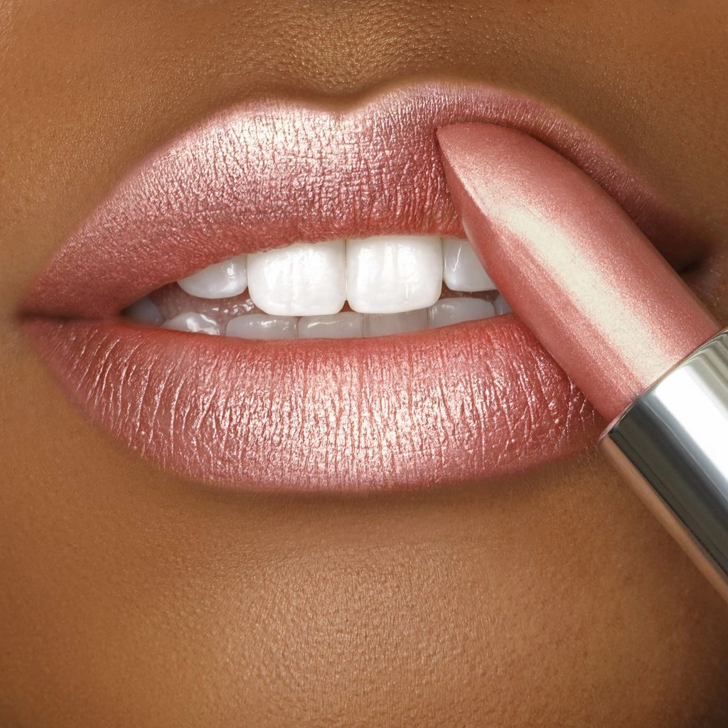 Glamour Crme | A Frosted Blushing Peach Lipstick With Gold and Rose Shimmer