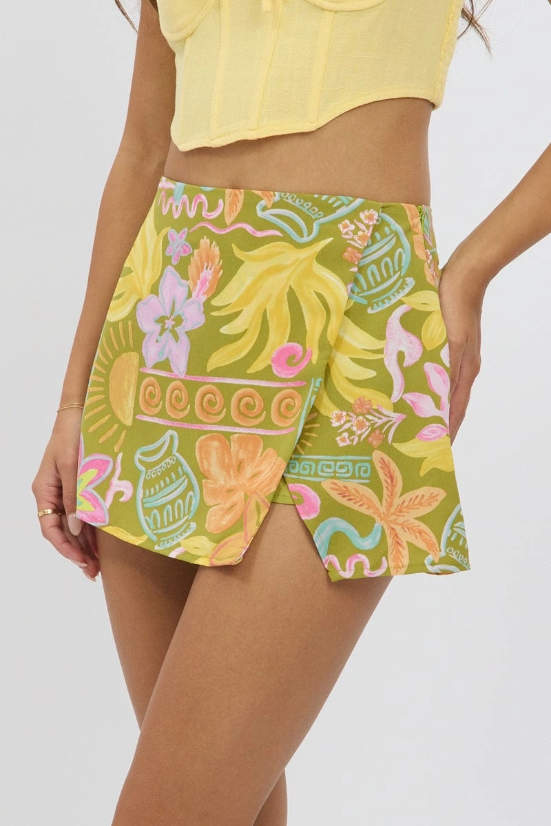 Green Abstract Mini Skort Skirt High Rise Lined