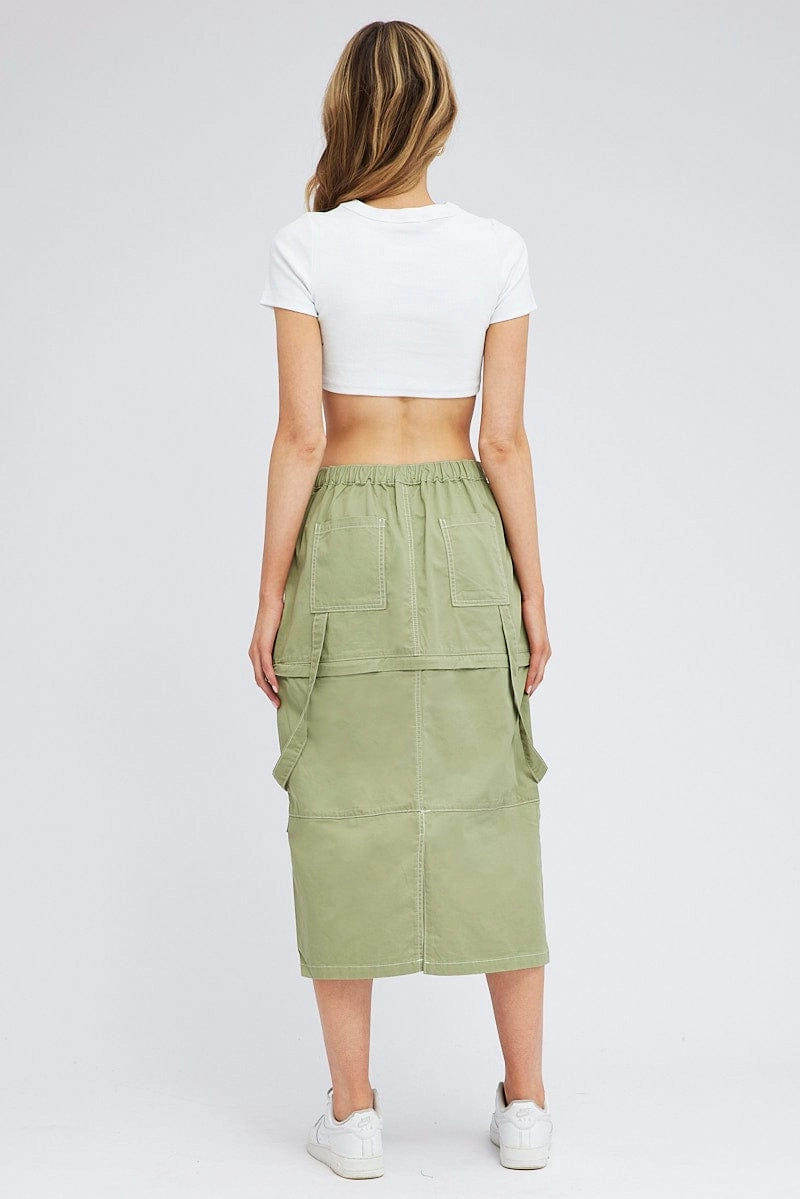 Green Cargo Skirt High Rise Elastic Two-way Midi Mini