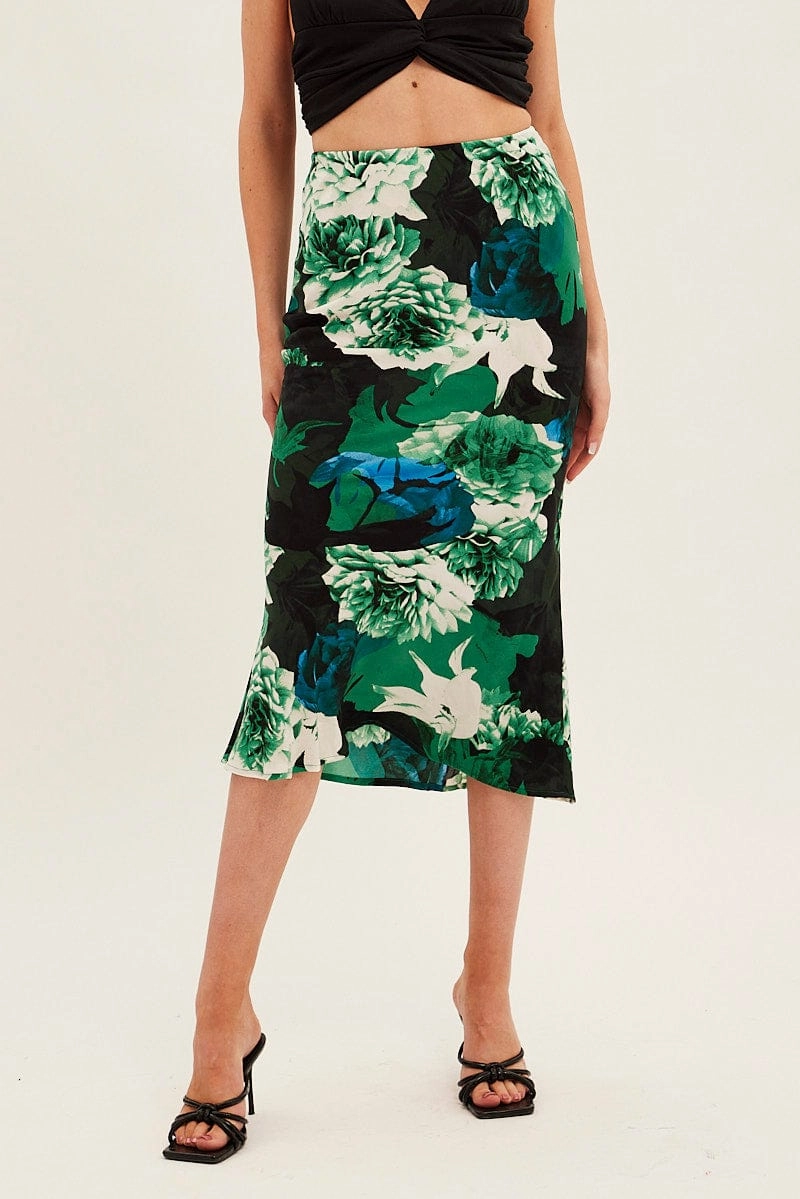Green Floral Slip Skirt Midi Floral Satin