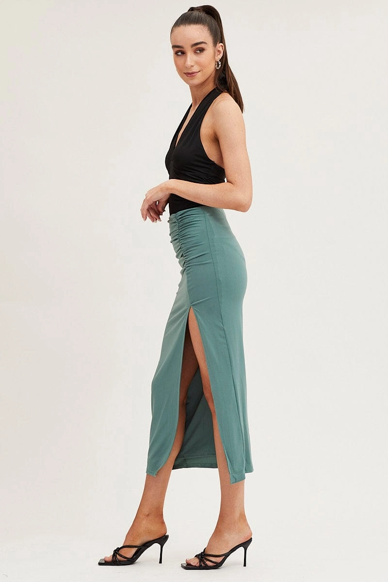 Green Front Split Midi Pencil Skirt Jersey