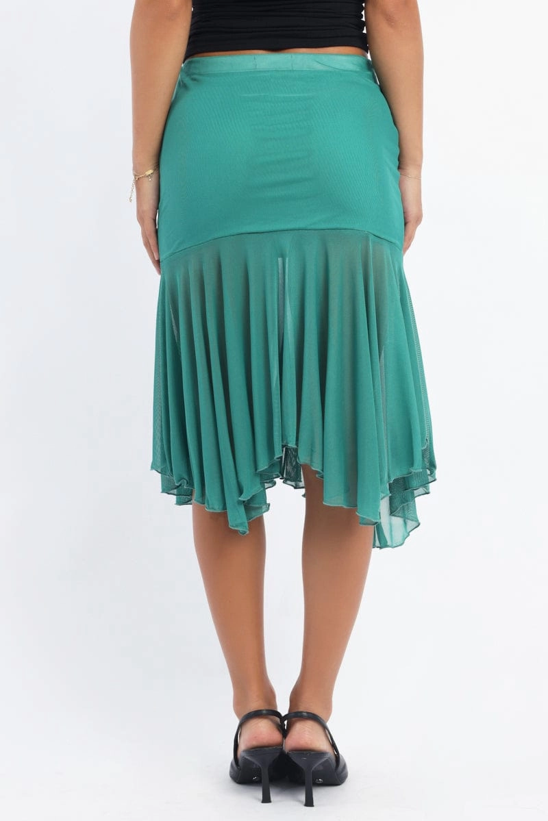 Green Midi Skirt Scarf Hem Asymmetric Mesh Lined