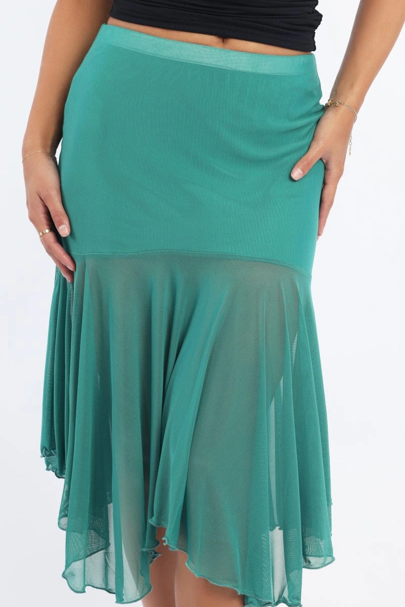 Green Midi Skirt Scarf Hem Asymmetric Mesh Lined