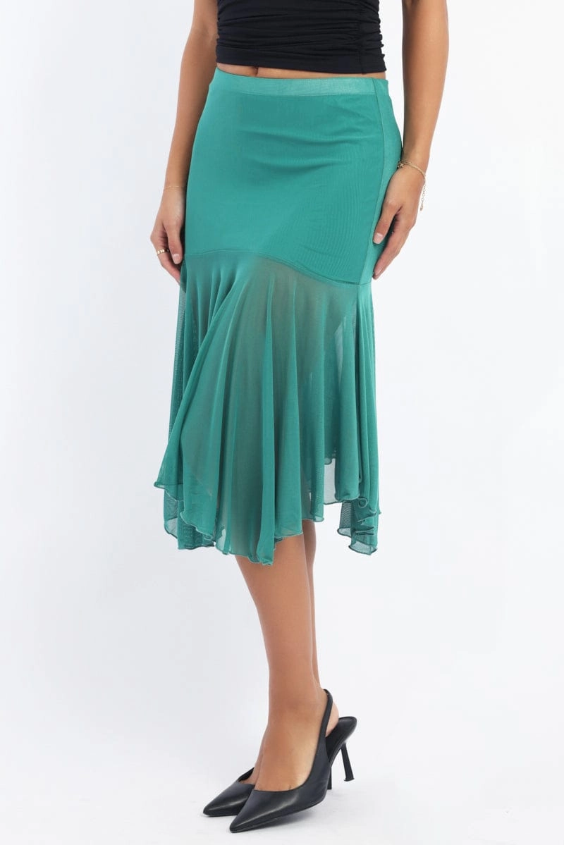 Green Midi Skirt Scarf Hem Asymmetric Mesh Lined
