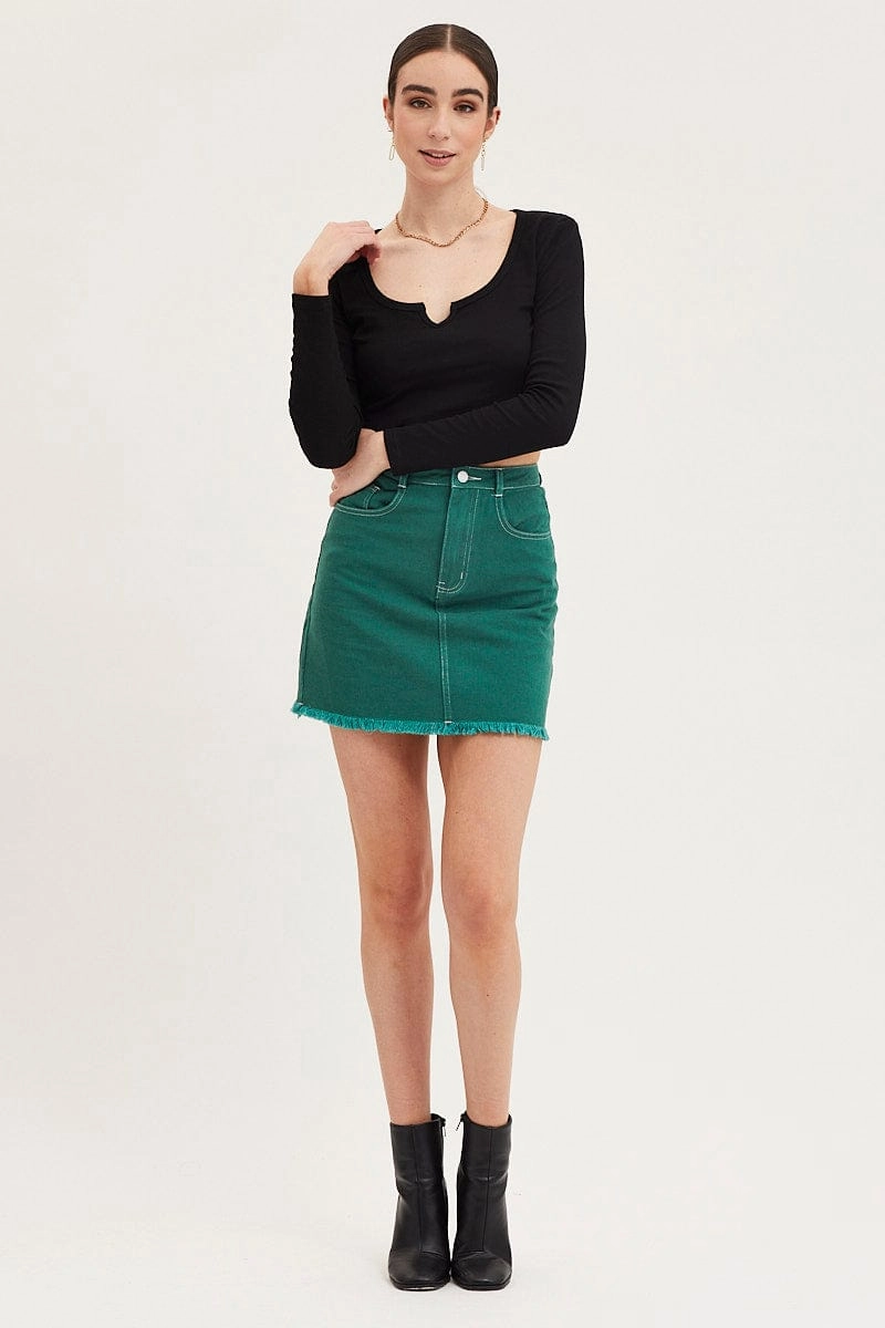 Green Mini Skirt High Rise Fray Hem