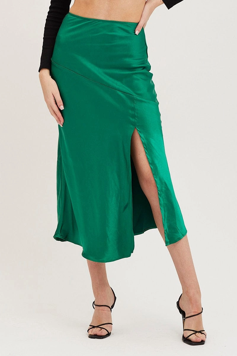 Green Slip Skirt Front Split Satin