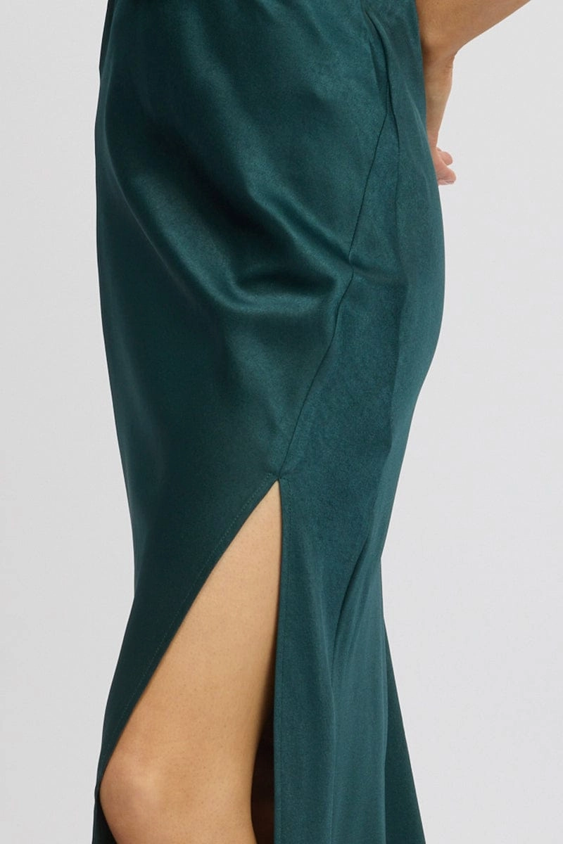 Green Slip Skirt High Waist Front Split Midaxi Satin