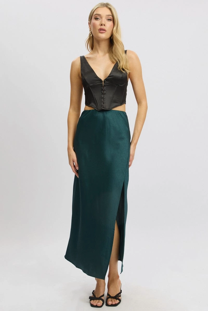 Green Slip Skirt High Waist Front Split Midaxi Satin