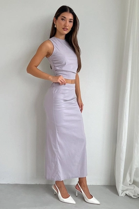 Grey Gathered Midi Skirt High Rise Bengaline Split