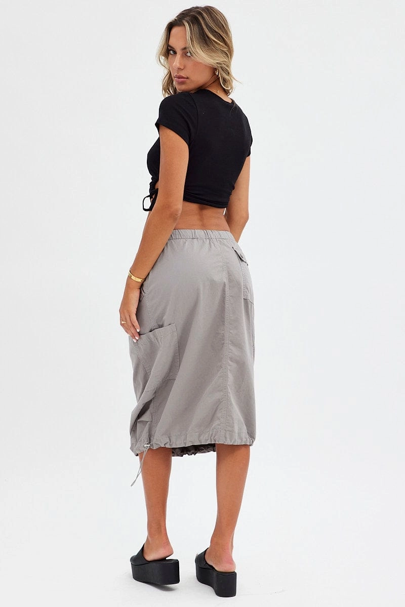 Grey Midi Skirt Mid Rise Cargo Drawstring Elastic Waist