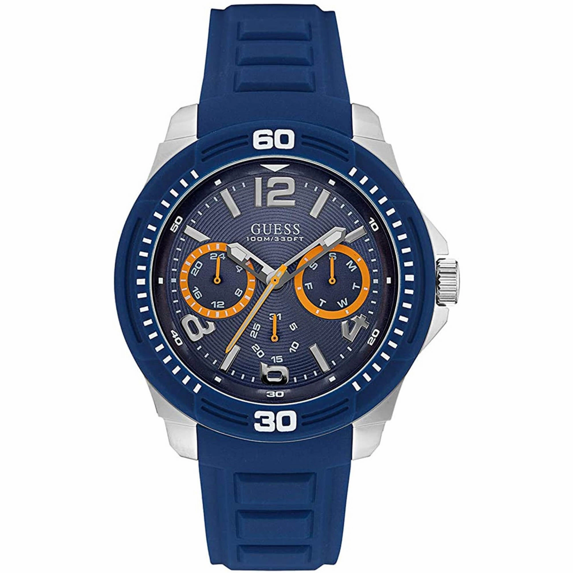 Guess Men's Watch - Classic Quartz Day-Date Display Blue Dial Rubber Strap | W0967G2