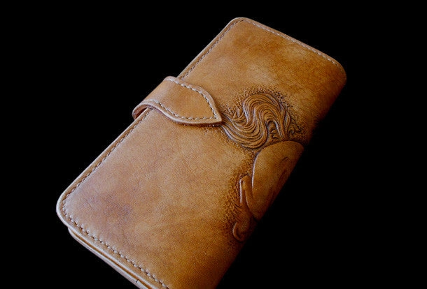 Handcraft vintage hand painting galloping horse leather long wallet for men(trifold)