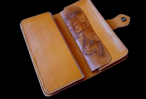 Handcraft vintage hand painting galloping horse leather long wallet for men(trifold)