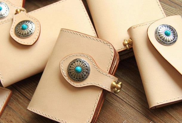 Handmade beige leather biker wallet chain bifold long wallet purse clutch for men