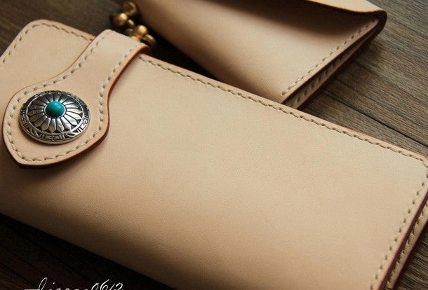 Handmade beige leather biker wallet chain bifold long wallet purse clutch for men