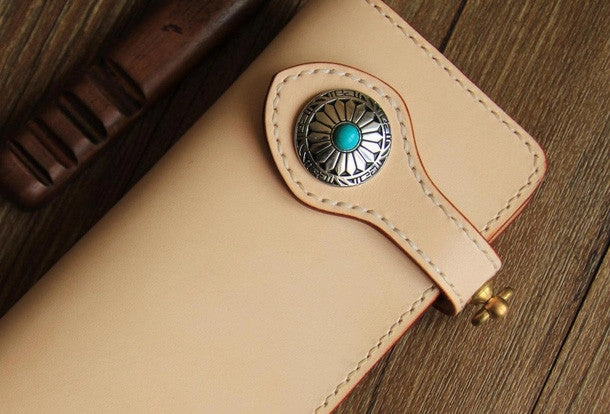 Handmade beige leather biker wallet chain bifold long wallet purse clutch for men