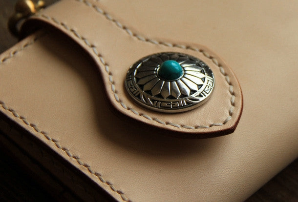 Handmade beige leather biker wallet chain bifold long wallet purse clutch for men