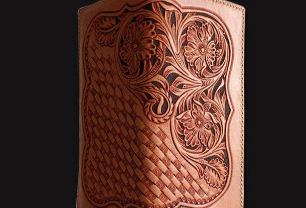Handmade beige leather floral carved biker wallet Long wallet clutch for men