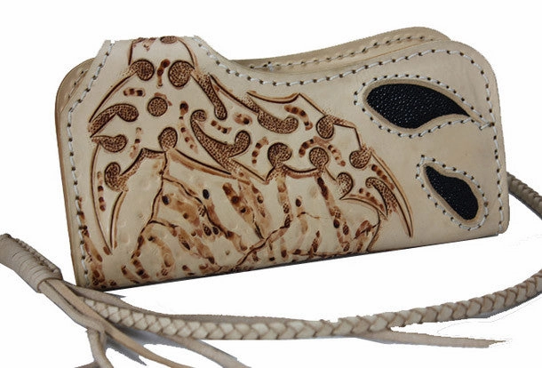 Handmade beige leather punk skull carved biker wallet Long wallet clutch for men