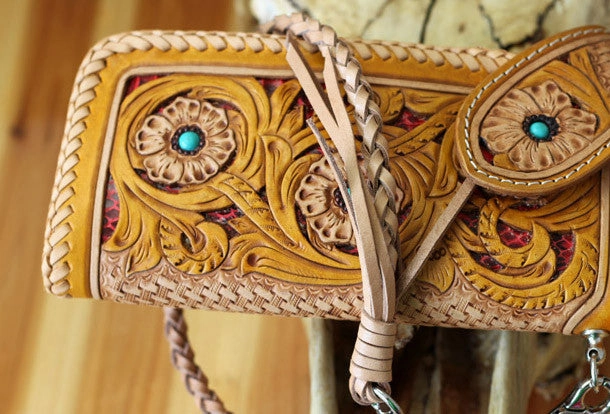 Handmade biker wallet beige yellow carved leather men biker wallet chain bifold Long wallet for men