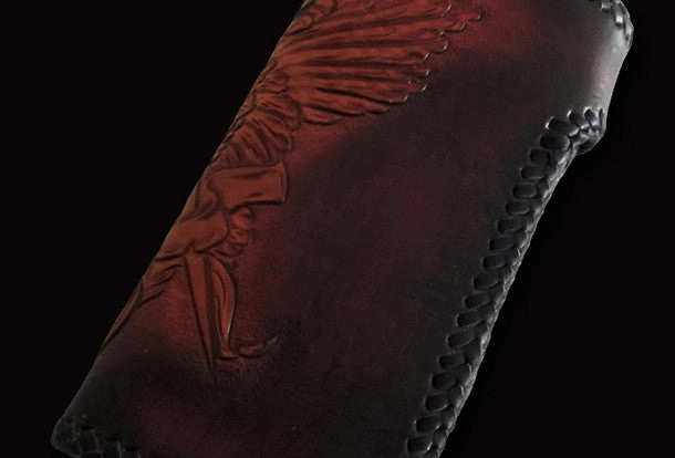 Handmade biker wallet Black Skull leather floral carved biker chain wallet truck wallet
