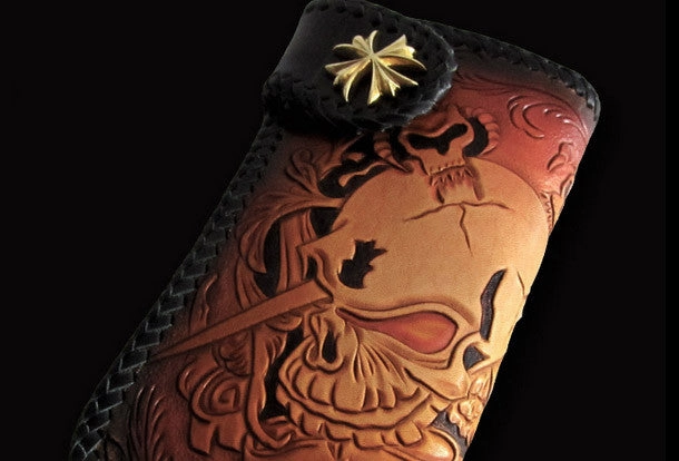 Handmade biker wallet Black Skull leather floral carved biker chain wallet truck wallet