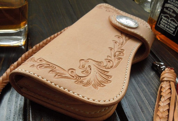 Handmade biker wallet carved bifold leather trucker wallet long floral wallet for men