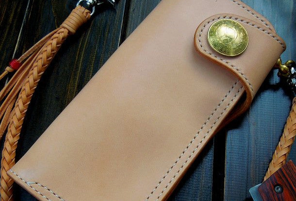 Handmade biker wallet chain beige leather bifold biker wallet Long wallet purse for men