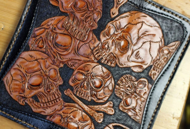 Handmade biker wallet leather black brown skull carved biker wallet Long wallet clutch for men
