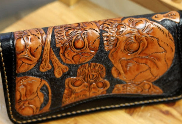 Handmade biker wallet leather black brown skull carved biker wallet Long wallet clutch for men