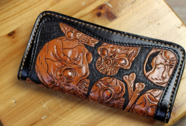 Handmade biker wallet leather black brown skull carved biker wallet Long wallet clutch for men