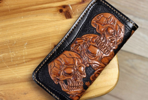 Handmade biker wallet leather black brown skull carved biker wallet Long wallet clutch for men