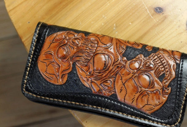 Handmade biker wallet leather black brown skull carved biker wallet Long wallet clutch for men