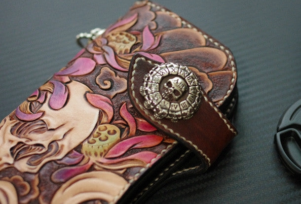 Handmade biker wallet vintage hand painting skull flower leather biker long wallet for men