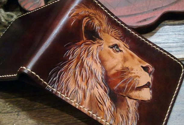 Handmade billfold leather wallet men lion carved leather billfold wallet for men him