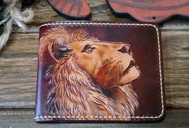 Handmade billfold leather wallet men lion carved leather billfold wallet for men him