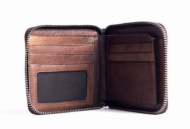 Handmade billfold wallet leather men zip multi cards vintage wallet for men