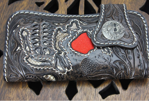 Handmade black coffee leather punk skull carved biker wallet Long wallet clutch for men
