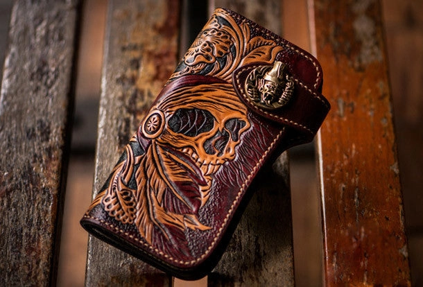 Handmade black leather indian skull carved biker wallet bifold Long wallet for men