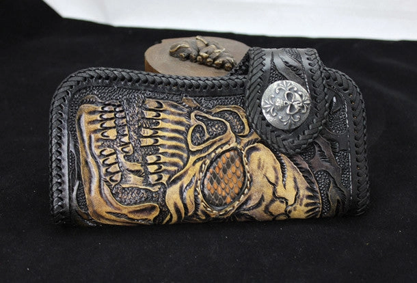 Handmade black leather punk Halley skull carved biker wallet Long wallet clutch for men
