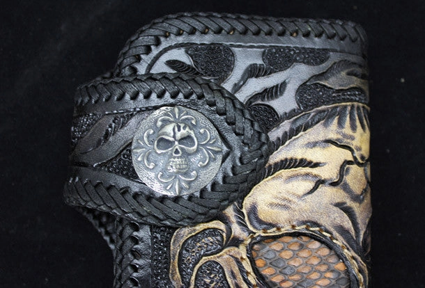 Handmade black leather punk Halley skull carved biker wallet Long wallet clutch for men