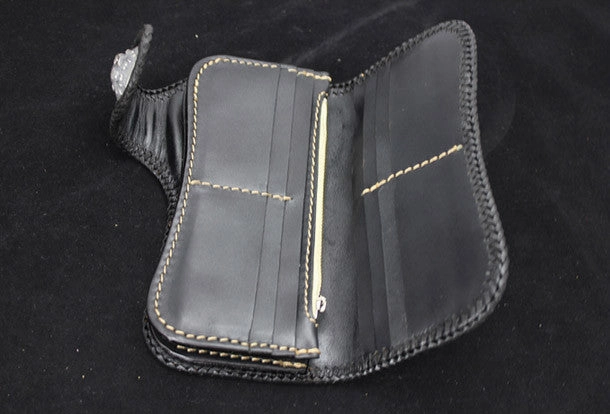 Handmade black leather punk Halley skull carved biker wallet Long wallet clutch for men