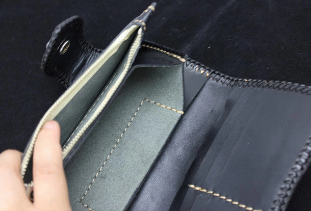 Handmade black leather punk Halley skull carved biker wallet Long wallet clutch for men