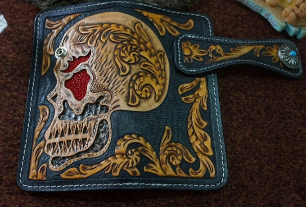 Handmade black tan leather punk skull carved biker wallet chain Long wallet  for men