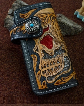 Handmade black tan leather punk skull carved biker wallet chain Long wallet  for men