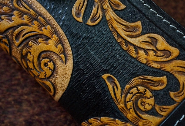 Handmade black tan leather punk skull carved biker wallet chain Long wallet  for men