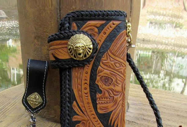 Handmade black yellow leather indian skull carved biker wallet Long wallet clutch for men