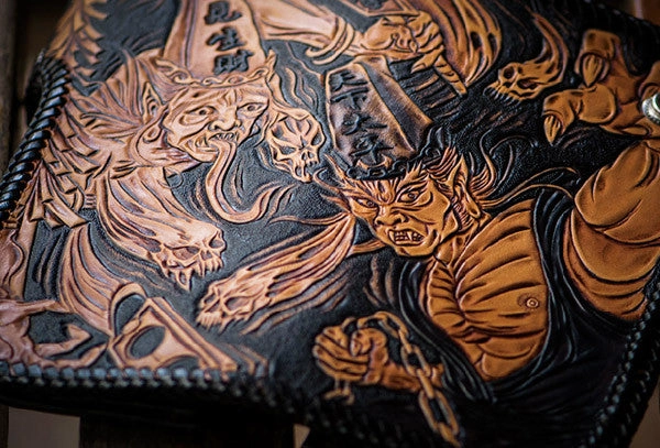 Handmade brown coffee leather Black and white variable carved biker wallet Long wallet for men