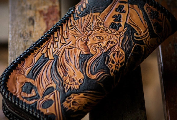 Handmade brown coffee leather Black and white variable carved biker wallet Long wallet for men